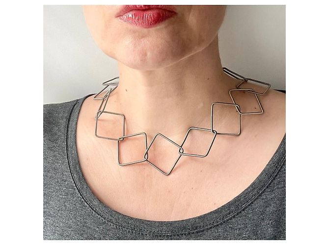 Autre Marque Collana Girocollo La Mollla con Maglie Quadrate in Acciaio Argento - vista 3