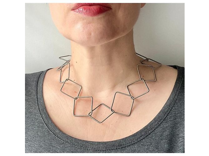 Autre Marque Collana Girocollo La Mollla con Maglie Quadrate in Acciaio Argento - vista 4