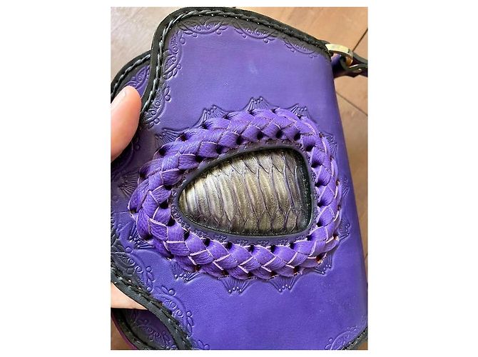 Autre Marque Bolsa de couro artesanal roxa e laranja com couro exótico Prata Roxo Roxo escuro - vista 2