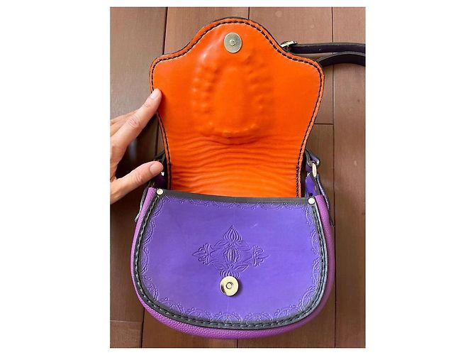 Autre Marque Bolsa de couro artesanal roxa e laranja com couro exótico Prata Roxo Roxo escuro - vista 5