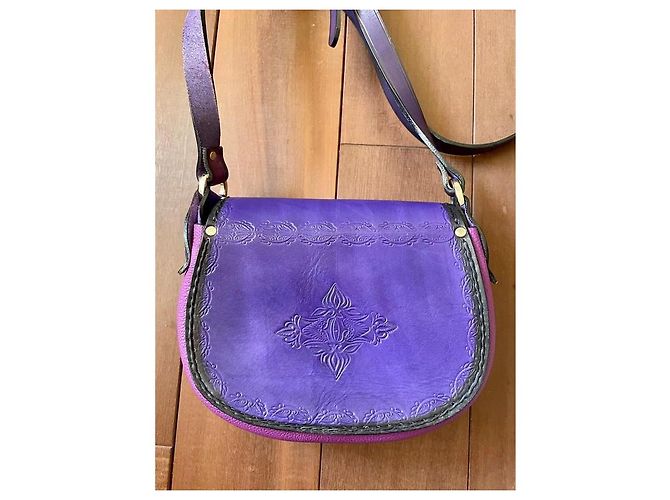 Autre Marque Bolsa de couro artesanal roxa e laranja com couro exótico Prata Roxo Roxo escuro - vista 6