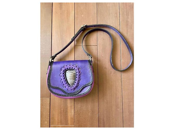 Autre Marque Bolsa de couro artesanal roxa e laranja com couro exótico Prata Roxo Roxo escuro - vista 7