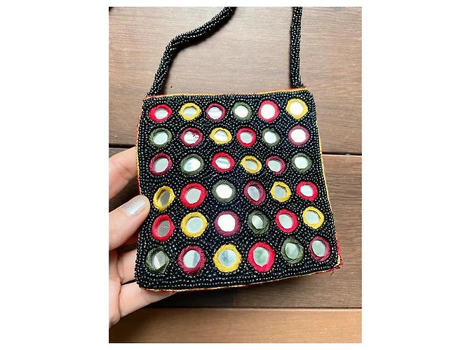 Autre Marque Marion Godart Mini Borsa a Spalla in Tessuto Ricamato Nero Rosso Multicolore Giallo - vista 3