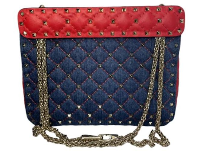 Valentino Garavani Borsa Rockstud spike in denim e pelle rossa Rosso Blu scuro - vista 3