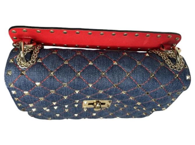 Valentino Garavani Borsa Rockstud spike in denim e pelle rossa Rosso Blu scuro - vista 4