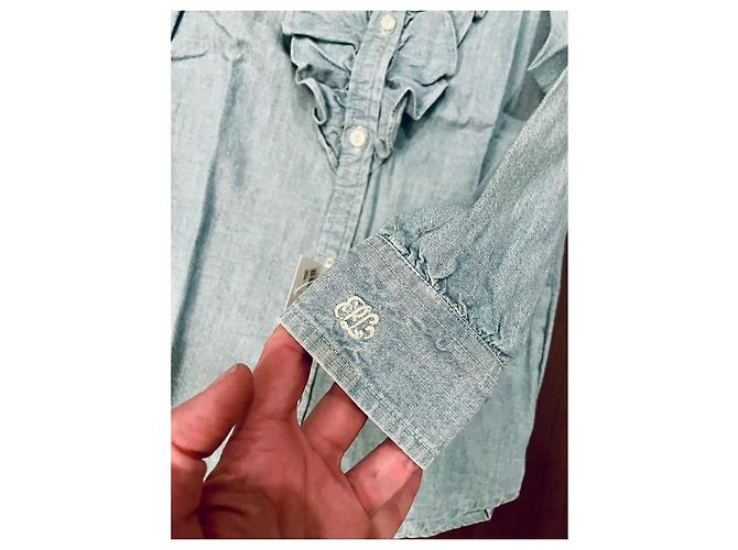 Ralph Lauren Chambray Bluse mit Rüschen hellblau Baumwolle - Ansicht 2