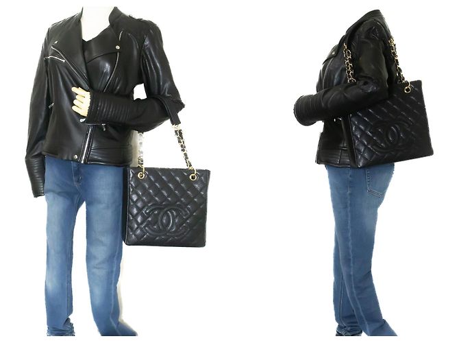 Bolsa de compras CHANEL Caviar PST com corrente, preta acolchoada Preto - vista 12