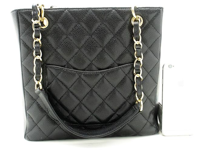 Bolsa de compras CHANEL Caviar PST com corrente, preta acolchoada Preto - vista 3