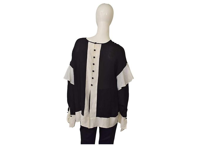 Autre Marque Blouse Olivia Palermo en soie noire et ivoire à manches volantes - vue 2