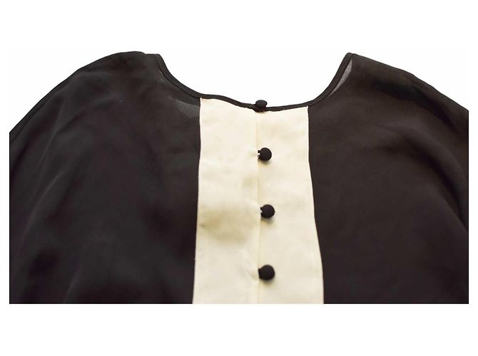 Autre Marque Blouse Olivia Palermo en soie noire et ivoire à manches volantes - vue 7