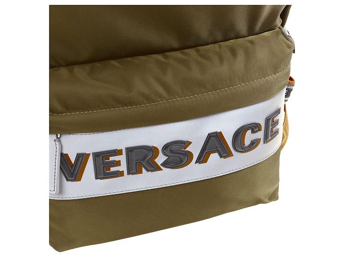 nuovo zaino VERSACE in nylon verde con logo riflettente e tracolla Greca arancione - vista 7