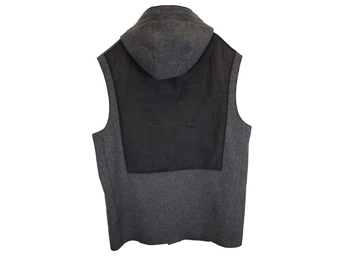 Kenzo K Patch Button Down Hooded Vest Jacket in Grey and Black Wool and Nylon - view 2