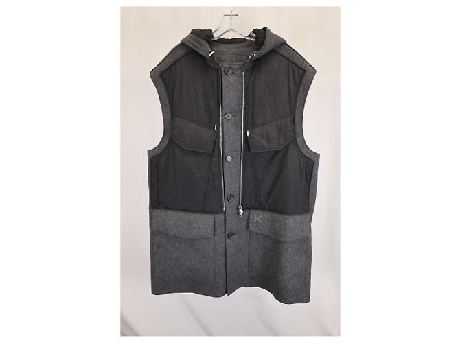 Kenzo K Patch Button Down Hooded Vest Jacket in Grey and Black Wool and Nylon - view 4