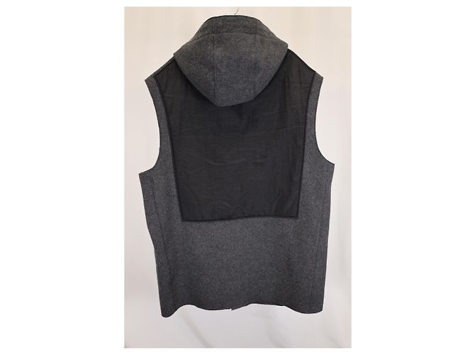 Kenzo K Patch Button Down Hooded Vest Jacket in Grey and Black Wool and Nylon - view 5