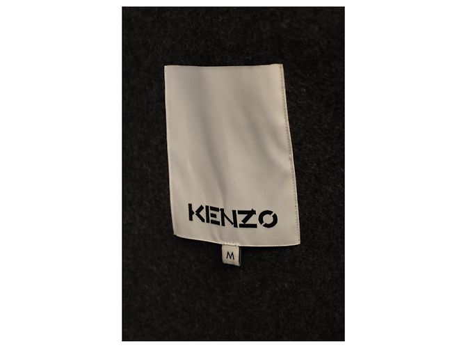 Kenzo K Patch Button Down Hooded Vest Jacket in Grey and Black Wool and Nylon - view 6