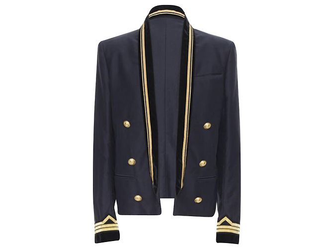 Balmain Navy Cotton Velvet Military Shawl Collar Double Breasted Jacket Eu52 - view 4