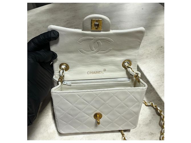 2004’ Vintage CHANEL Quilted Mini Square Flap Bag White Gold hardware - view 13