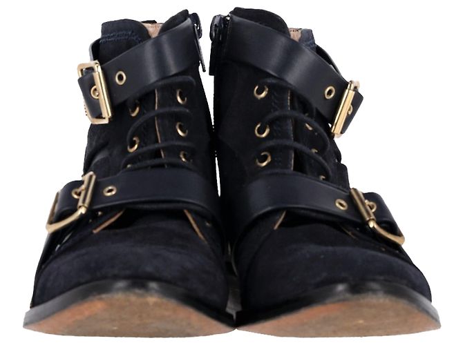 Botas de tornozelo Chloé com fivela e detalhes de cadarço em camurça preta Preto - vista 2