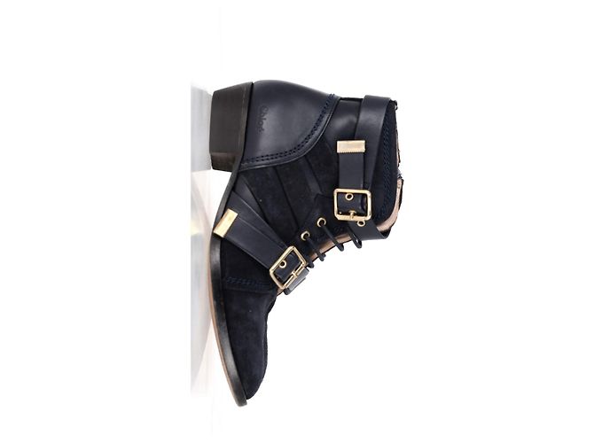 Botas de tornozelo Chloé com fivela e detalhes de cadarço em camurça preta Preto - vista 7