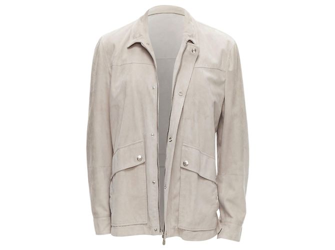 BRUNELLO CUCINELLI light grey genuine soft suede leather flap pocket jacket - view 3