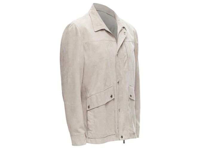 BRUNELLO CUCINELLI light grey genuine soft suede leather flap pocket jacket - view 4