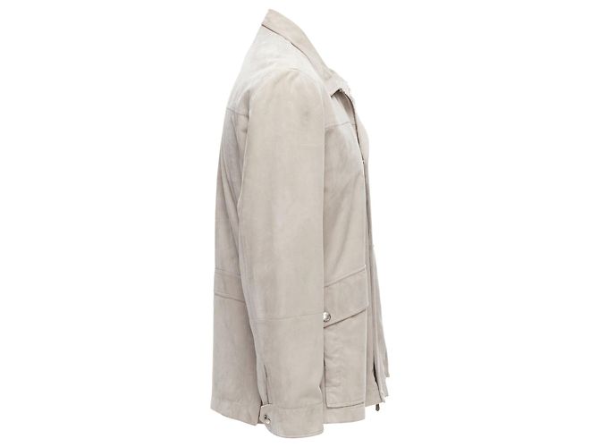 BRUNELLO CUCINELLI light grey genuine soft suede leather flap pocket jacket - view 5