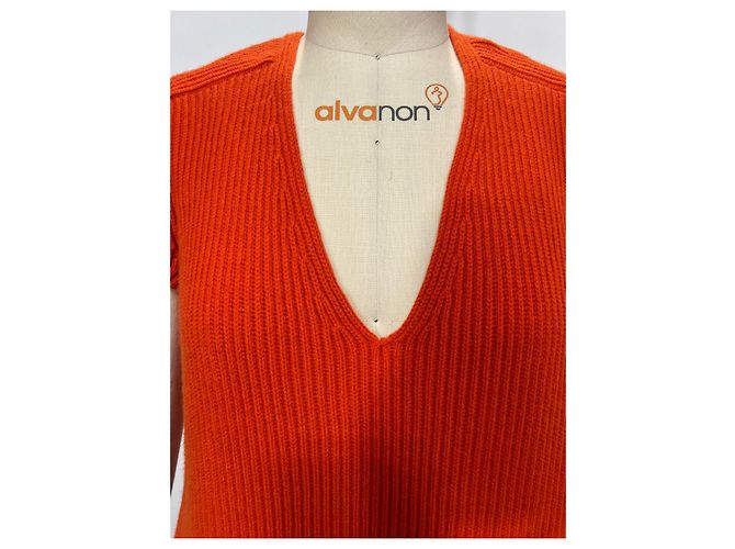 Hermès Strickkleid mit V-Ausschnitt aus orange Wolle Koralle - Ansicht 14