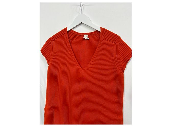 Hermès Strickkleid mit V-Ausschnitt aus orange Wolle Koralle - Ansicht 18