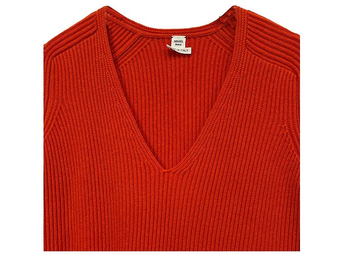 Hermès Strickkleid mit V-Ausschnitt aus orange Wolle Koralle - Ansicht 5