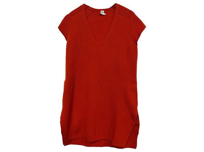 Hermès Strickkleid mit V-Ausschnitt aus orange Wolle Koralle - Ansicht 7