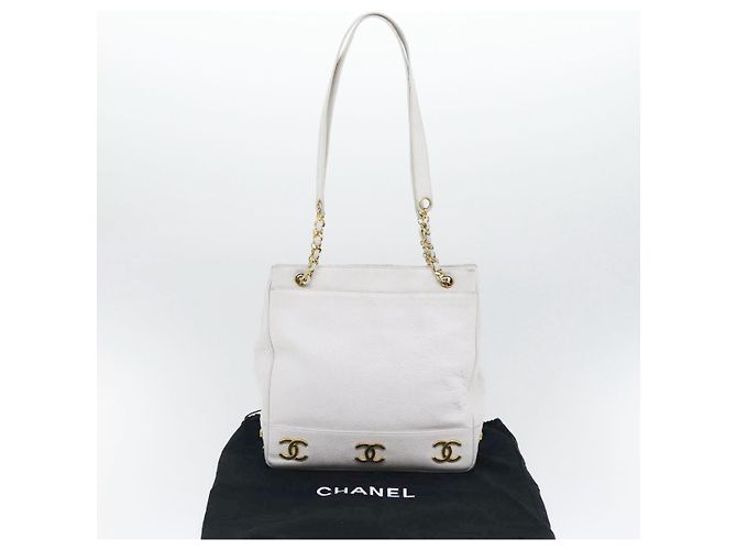 Borsa a spalla a catena CHANEL in pelle di vitello bianco oro CC Auth bs17674 D'oro - vista 12