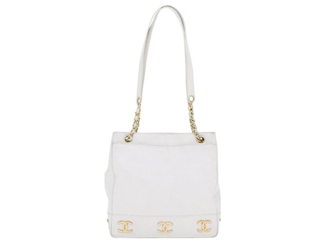 Borsa a spalla a catena CHANEL in pelle di vitello bianco oro CC Auth bs17674 D'oro - vista 13