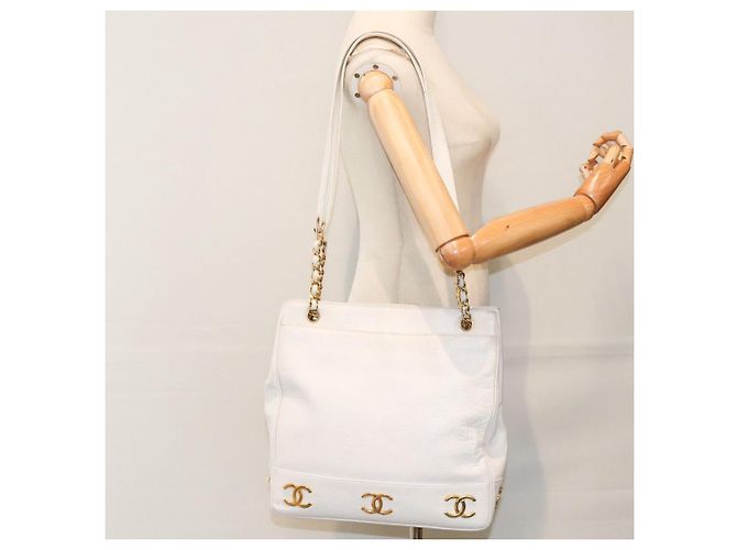 Borsa a spalla a catena CHANEL in pelle di vitello bianco oro CC Auth bs17674 D'oro - vista 24