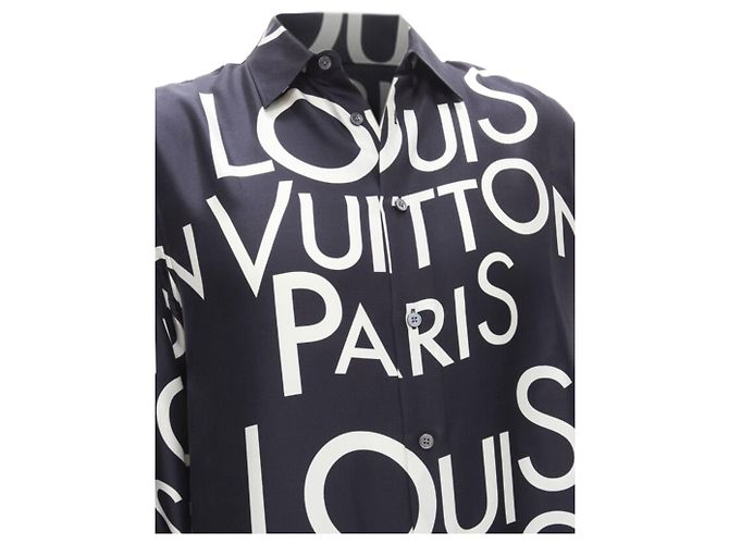 Camicia in seta 100% LOUIS VUITTON VIRGIL ABLOH con logo tipografico blu navy e bianco - vista 2