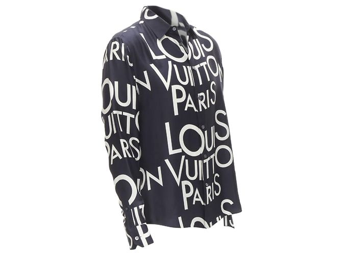 Camicia in seta 100% LOUIS VUITTON VIRGIL ABLOH con logo tipografico blu navy e bianco - vista 3