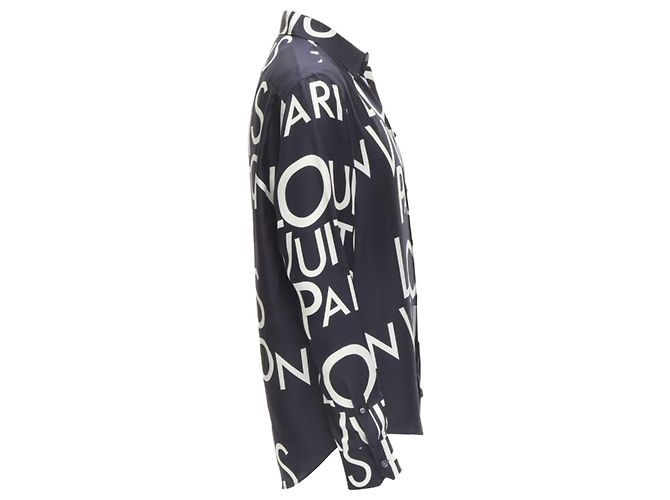 Camicia in seta 100% LOUIS VUITTON VIRGIL ABLOH con logo tipografico blu navy e bianco - vista 4