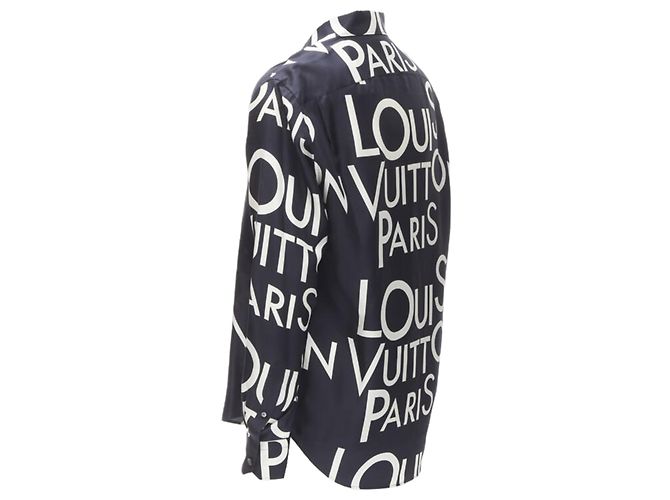 Camicia in seta 100% LOUIS VUITTON VIRGIL ABLOH con logo tipografico blu navy e bianco - vista 6