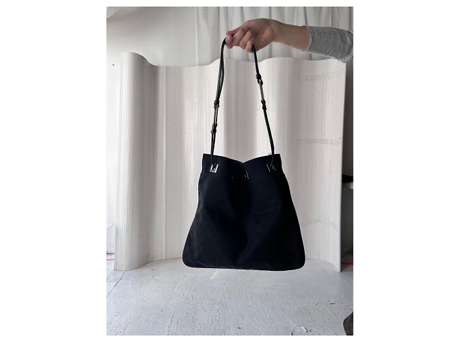 Gucci GG Drawstring Tote Bag Schwarz Canvas und Leder - Ansicht 3