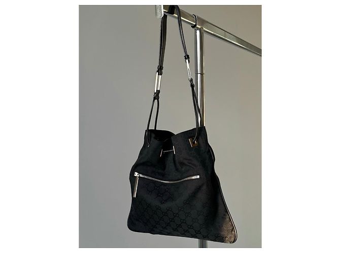 Gucci GG Drawstring Tote Bag Schwarz Canvas und Leder - Ansicht 4