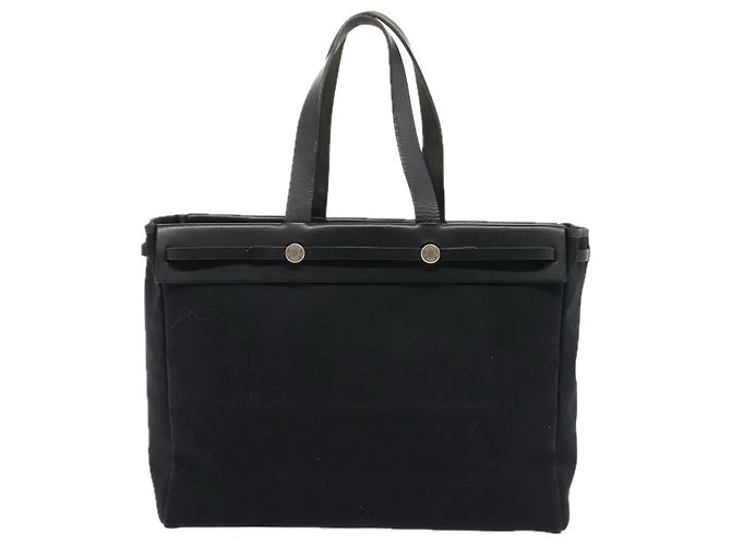 Hermès HERMES Herbag Cabas GM Tote Tasche Canvas Leder Schwarz Silber Auth ep5581 - Ansicht 2
