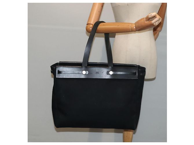 Hermès HERMES Herbag Cabas GM Tote Tasche Canvas Leder Schwarz Silber Auth ep5581 - Ansicht 35