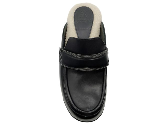 Zoccoli in pelle nera Brunello Cucinelli con shearling e Monili - vista 4