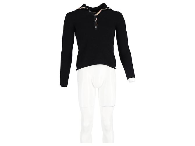 Schwarzer Wollpullover mit Novacheck-Besatz von Burberry mit halber Knopfleiste - Ansicht 4