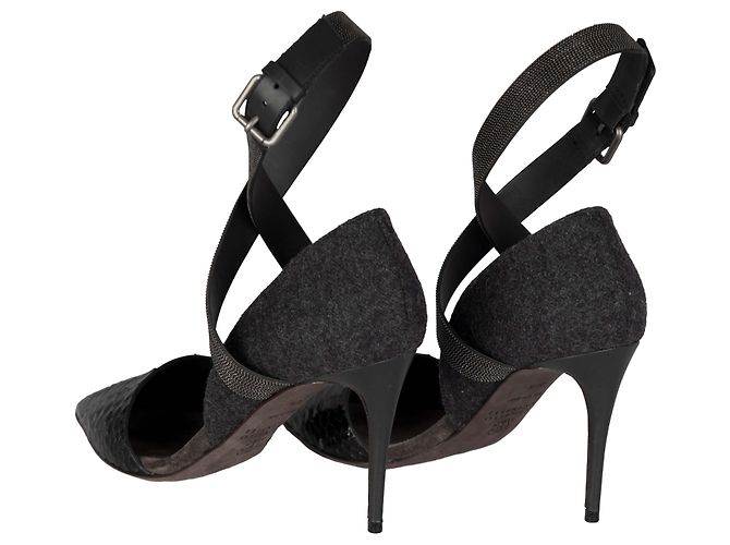 Brunello Cucinelli Monili Beaded Ankle Strap Python Leather Pumps - '10s Grey - view 3