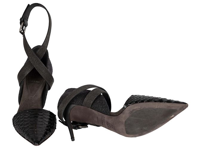 Brunello Cucinelli Monili Beaded Ankle Strap Python Leather Pumps - '10s Grey - view 4