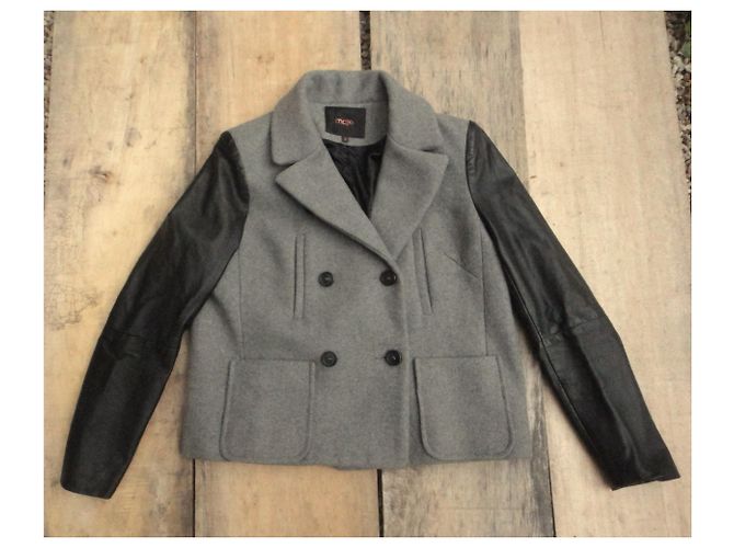 Abrigo Maje de Lana con Mangas de Cuero Gris - vista 5