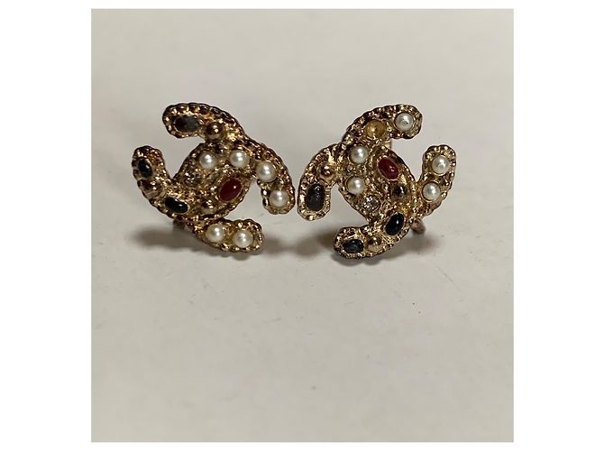 Cambon Chanel Clip Ohrringe Gold Metall Perle und Strass Gold hardware - Ansicht 2