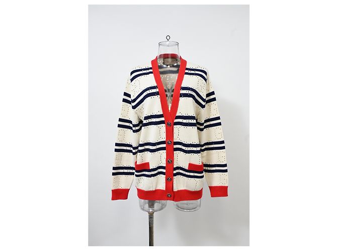 Cárdigan de botones a rayas de punto Gucci Love Parade en algodón crema - vista 6