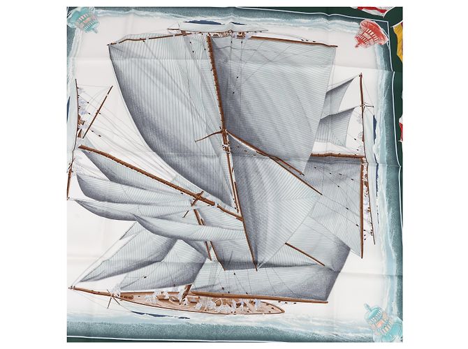 Foulard Hermès Carré 90 "VENT PORTANT" 100% Seta Grigio - vista 12