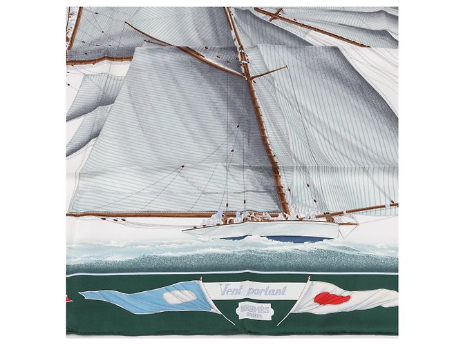 Foulard Hermès Carré 90 "VENT PORTANT" 100% Seta Grigio - vista 3